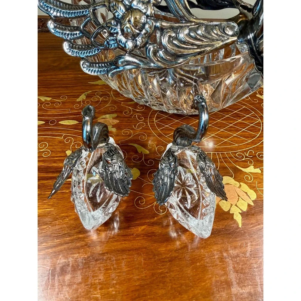 Vintage 3-Piece Crystal Swan Set Centerpiece Bowl with 2 Salt Cellars